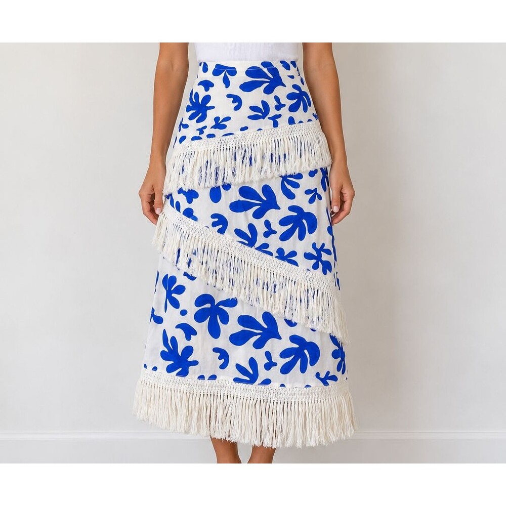 WeWoreWhat Women M Linen Fringe Maxi Skirt Blue White Floral Boho Greek Revolve